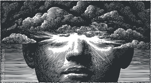Surreal illustration of a human head with clouds representing thoughts and imagination.