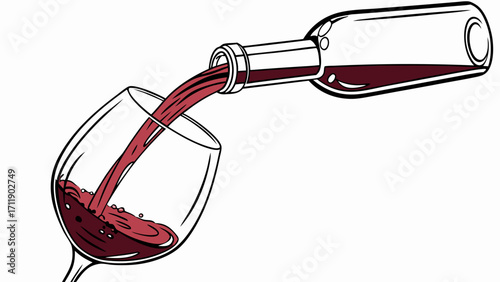 Red wine pouring into glass wine bottle beverage alcohol drink celebration party restaurant bar menu graphic illustration vector design element vintage retro cartoon drawing art.