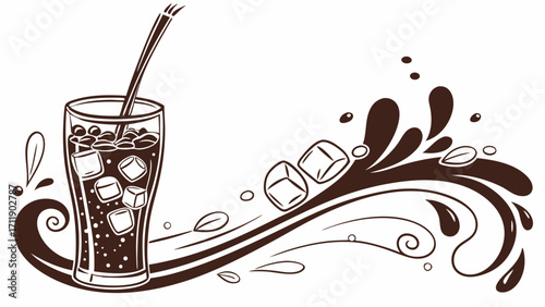 Refreshing Iced Beverage with Straw and Ice Cubes in Glass Splash Design Illustration.