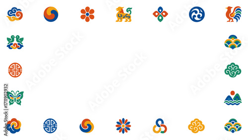 467ㅁKorean Traditional Pattern Frame Design, Colorful Folk Symbols and Motifs, Isolated Background. Elegant Decorative Graphic with Cultural Heritage