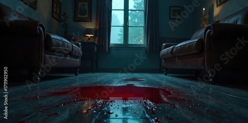 A darkened room, a single pool of blood on the polished floor, overturned furniture suggesting a struggle  A chilling image hinting at a violent crime scene ,  bloodshed,  grim