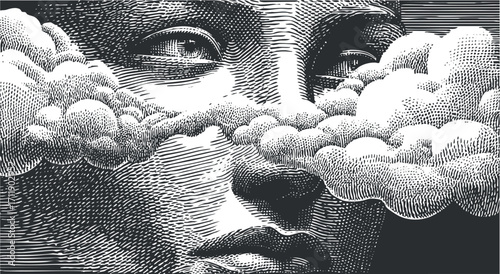 A monochrome illustration of a face surrounded by clouds, representing thought and imagination.