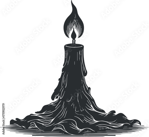 A detailed illustration of a melting candle with a flickering flame against a dark background.