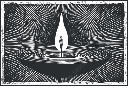An artistic illustration of a candle flame reflecting on water with radiating lines.