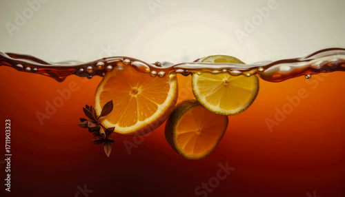 Lemon and lime slices with star anise float in a dark liquid with ripples on the surface.