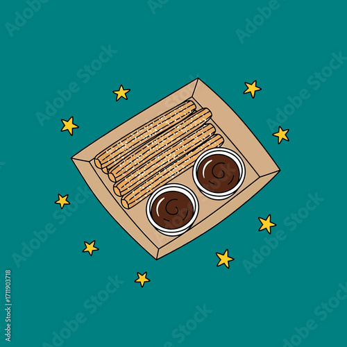 Churros and Chocolate Dip in a Takeout Box Dessert Illustration