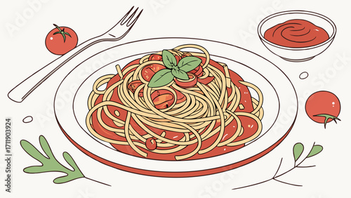 Spaghetti with Tomato Sauce Pasta Dish Food Illustration Menu Design Restaurant Italian Cuisine Flatlay Top View Culinary Art Food Photography Delicious Meal Simple Food Home Cooking.