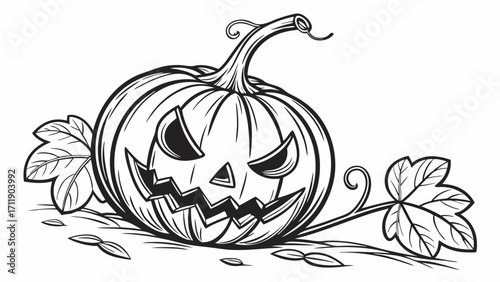 Spooky Halloween Pumpkin with Carved Face and Leaves Illustration.