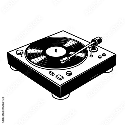 Isometric Black and White Turntable with Vinyl Record and Stylus Arm