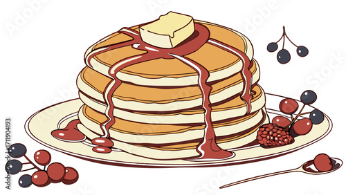 Stack of pancakes with butter syrup and berries illustration breakfast food sweet dessert menu design restaurant cafe bakery food blog cookbook recipe culinary appetizing delicious.