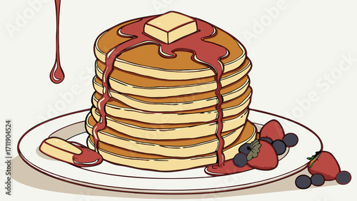 Stack of Pancakes with Syrup Butter and Berries on a Plate.
