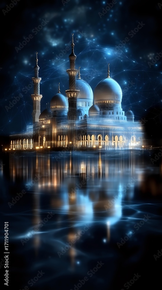 Obraz premium Majestic mosque with white domes and minarets illuminated at night, reflecting in water against mystical starry sky with glowing blue nebula effects.