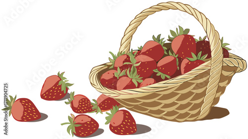 Strawberries in a wicker basket fresh fruit summer harvest healthy food graphic illustration.
