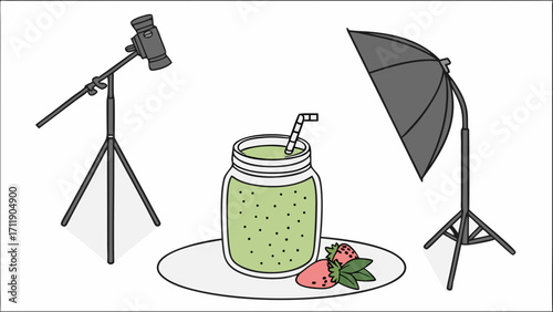 Studio Food Photography Setup Green Smoothie with Strawberries Lighting Equipment and Tripods.