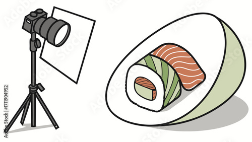 Studio Food Photography Setup with Sushi Roll Illustration.