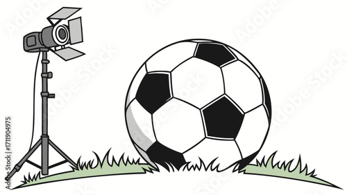 Studio lighting illuminating a soccer ball on grass.