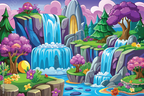 Vector art of enchanting pixel art landscape featuring waterfalls, lush greenery, and fantasy elements in a vibrant and colorful scene