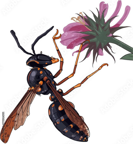 Dark wasp with many legs visits a purple flower. Great for nature blogs, insect enthusiasts, educational materials, and biodiversity concepts.
