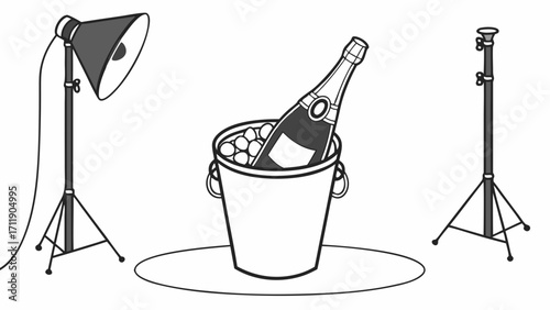 Studio lighting setup with champagne bottle in ice bucket illustration photography product design graphic image vector art drawing elegant celebration drink beverage cool refreshing.