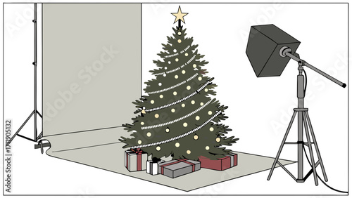 Studio Photography of Decorated Christmas Tree with Gifts and Lighting Setup.