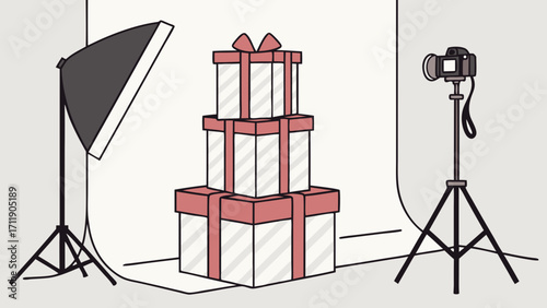 Studio Photography of Stacked Gifts with Lighting Equipment and Camera Setup.