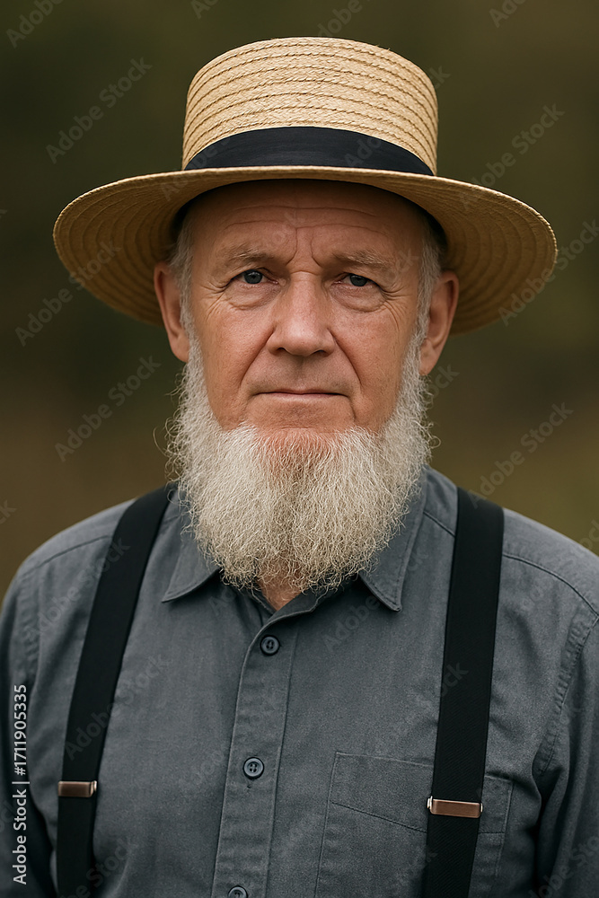 Fototapeta premium Portrait of Amish man, dressed in traditional attire including straw hat, suspenders, and beard without mustache. Lifestyle focused on community, faith, and simplicity.