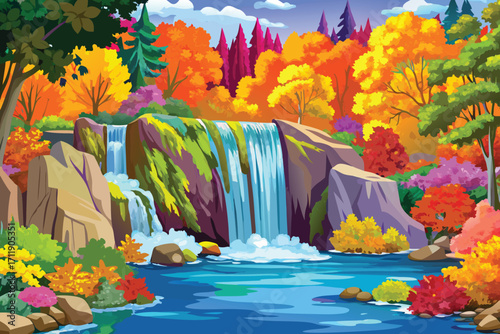 Vector art of a vibrant pixel art landscape showcasing a waterfall cascading over rocks, surrounded by colorful autumn trees and lush vegetation