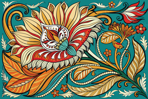 Vector art of an intricate floral pattern featuring stylized flowers, leaves, and tendrils in a vibrant color palette, creating a vintage aesthetic