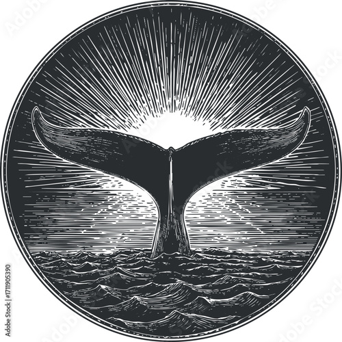 Engraved illustration of a whale tail emerging from waves with a radiant sunrise in the background.