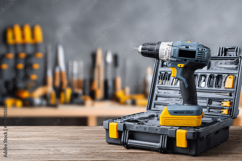 Fototapeta premium Cordless drill-screwdriver on a wooden table with a tool case and against the background of an organized workshop demonstrating various tools and equipment. DIY home improvement concept