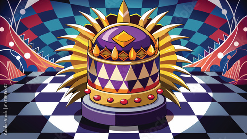 Vector art of whimsical jester crown on a pedestal with harlequin pattern background, creating a surreal and playful composition