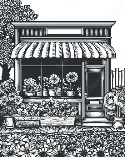 A charming black and white illustration of a flower shop with a welcoming storefront.