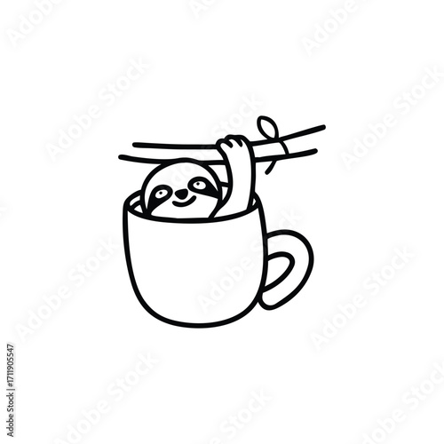 Cute cartoon sloth hanging from a branch inside a coffee cup