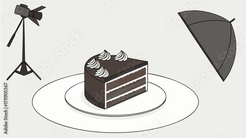 Studio shot of chocolate cake slice on plate with lighting equipment.