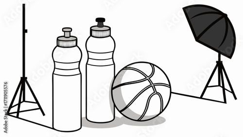 Studio still life of sports equipment and lighting setup.