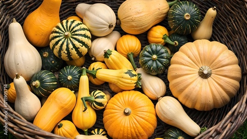 Wallpaper Mural Variety of Decorative Pumpkins and Gourds in Wicker Basket Torontodigital.ca