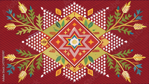 Vector art of geometric folk art design with a diamond shape and floral elements on a red background