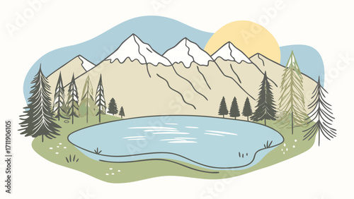 Vector art of serene mountain landscape with snowcapped peaks, a tranquil lake, and lush pine trees under a gentle sun