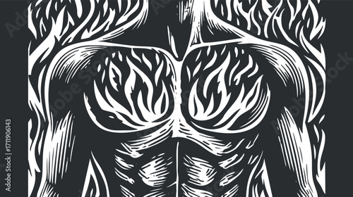 Stylized illustration of a muscular torso with flame motifs symbolizing strength and energy.