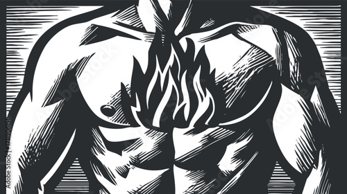 Illustration of a muscular male torso with a flame design on the chest symbolizing strength and vitality.