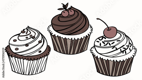 Three Delicious Cupcakes with Swirled Frosting and Toppings Sweet Treats Illustration Bakery Design Dessert Art.