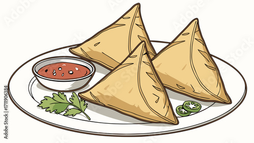 Three savory pastries served on a plate with a dipping sauce and garnish.