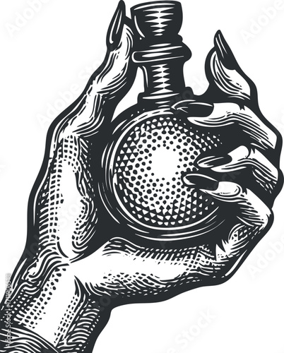A detailed illustration of a hand holding a vintage potion bottle with ornate design.