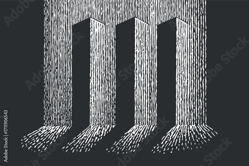 Abstract illustration of three vertical columns casting shadows in a monochrome style.