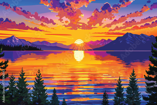 Vector art of pixel art sunset over a tranquil lake with mountains, a beautiful landscape with vibrant colors and reflection