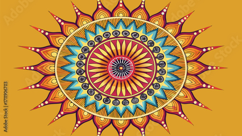 Vector art of vibrant and intricate mandala design with a radial pattern and a mix of warm and cool colors