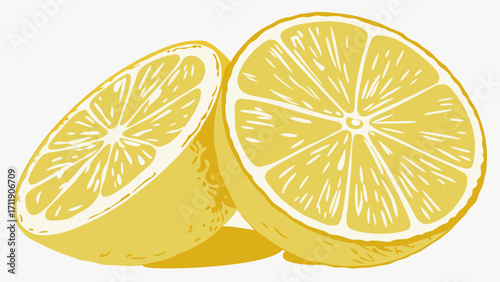 Two Halved Lemons Yellow Citrus Fruit Vibrant Graphic Illustration Food and Drink Image Summer Refreshment Healthy Diet Vitamin C Kitchen Design Menu Design Recipe Inspiration.