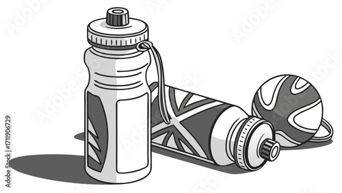 Two water bottles one plain and one patterned resting on a surface.