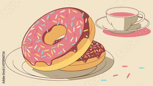 Two Donuts with Sprinkles and a Cup of Tea Sweet Treat Illustration Bakery Graphic Food Design.