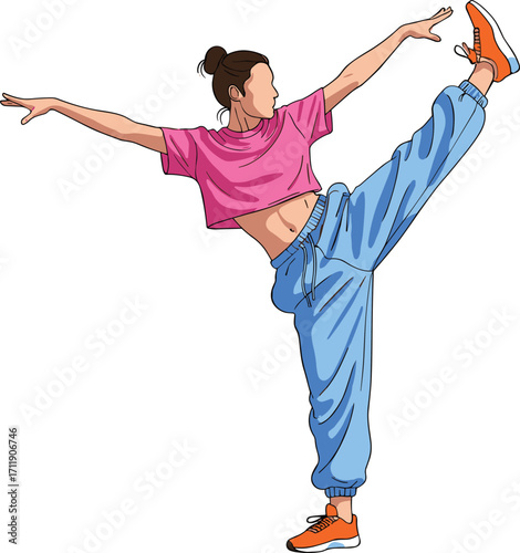 Dynamic High Kick Pose in Streetwear for Dance, Fitness, or Martial Arts Character Design and Active Lifestyle Illustration Concepts